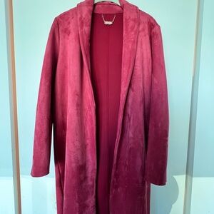 Elegant Guava Pink Vegan Faux Leather Long Coat by Tahari, size M worn only once